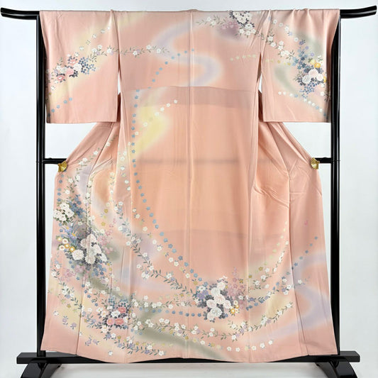 訪問服 身長155.5cm 袖長68cm L 雙層 大和 落款あり 枝花 菊花 漸層 粉紅 純蠶絲 名品級
