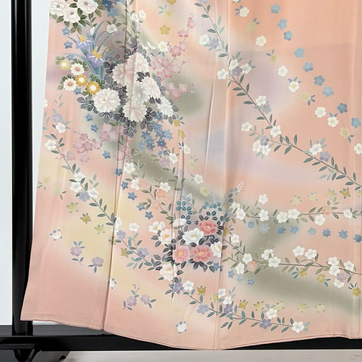 訪問服 身長155.5cm 袖長68cm L 雙層 大和 落款あり 枝花 菊花 漸層 粉紅 純蠶絲 名品級
