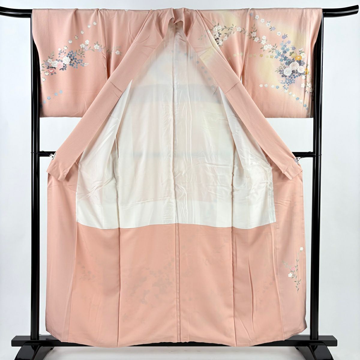 訪問服 身長155.5cm 袖長68cm L 雙層 大和 落款あり 枝花 菊花 漸層 粉紅 純蠶絲 名品級
