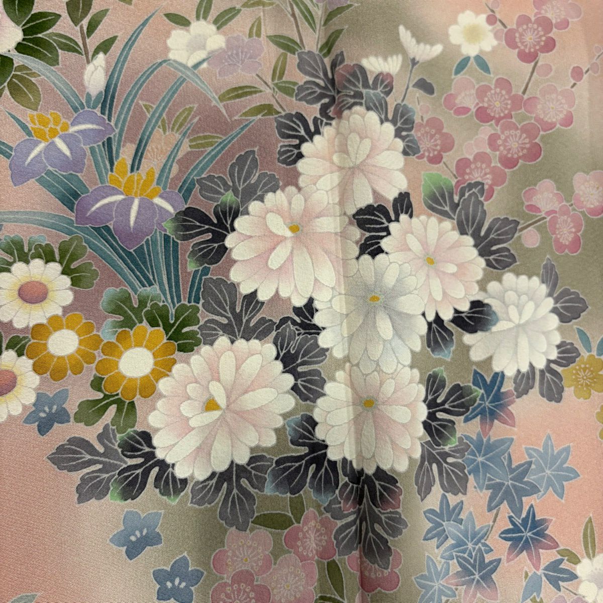 訪問服 身長155.5cm 袖長68cm L 雙層 大和 落款あり 枝花 菊花 漸層 粉紅 純蠶絲 名品級