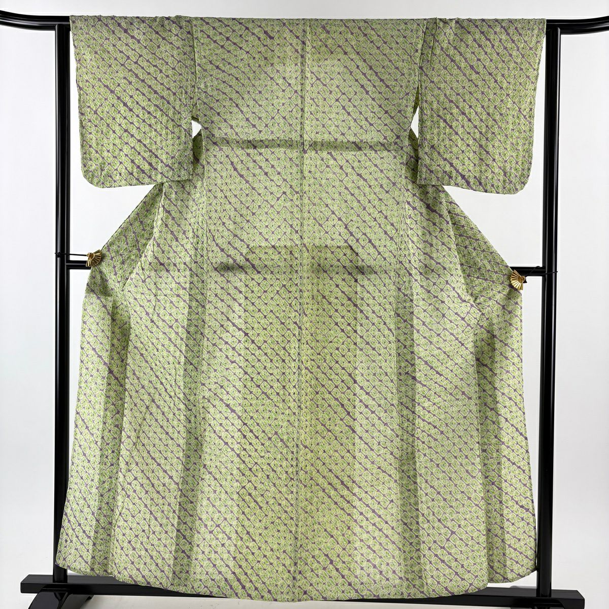 【美品】 浴衣 身長156.5cm 袖長63cm S 絞染浴衣 絞染圖案 黃綠 純棉 名品級
