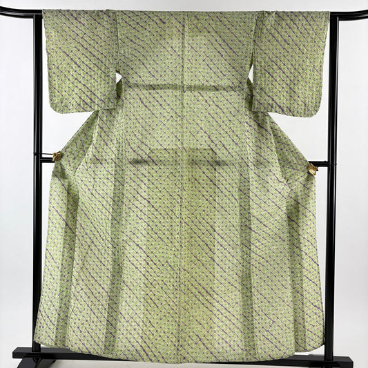 【美品】 浴衣 身長156.5cm 袖長63cm S 絞染浴衣 絞染圖案 黃綠 純棉 名品級