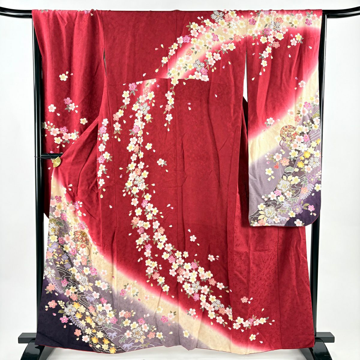 振袖禮服 身長160cm 袖長68cm L 雙層 手鞠 櫻花 金絲 金金箔 紅 純蠶絲 名品級