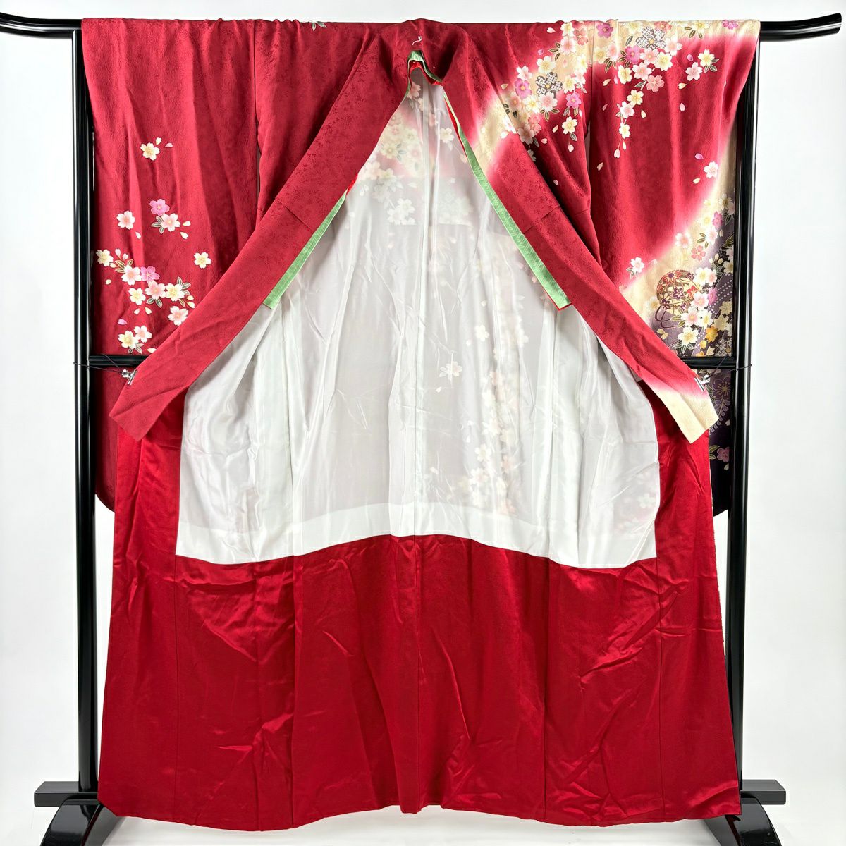 振袖禮服 身長160cm 袖長68cm L 雙層 手鞠 櫻花 金絲 金金箔 紅 純蠶絲 名品級