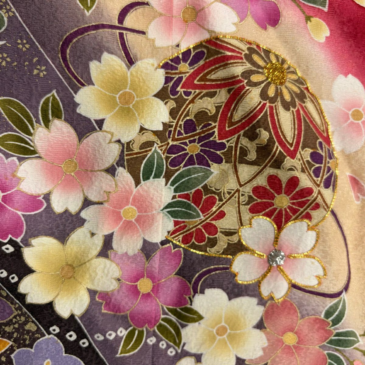 振袖禮服 身長160cm 袖長68cm L 雙層 手鞠 櫻花 金絲 金金箔 紅 純蠶絲 名品級