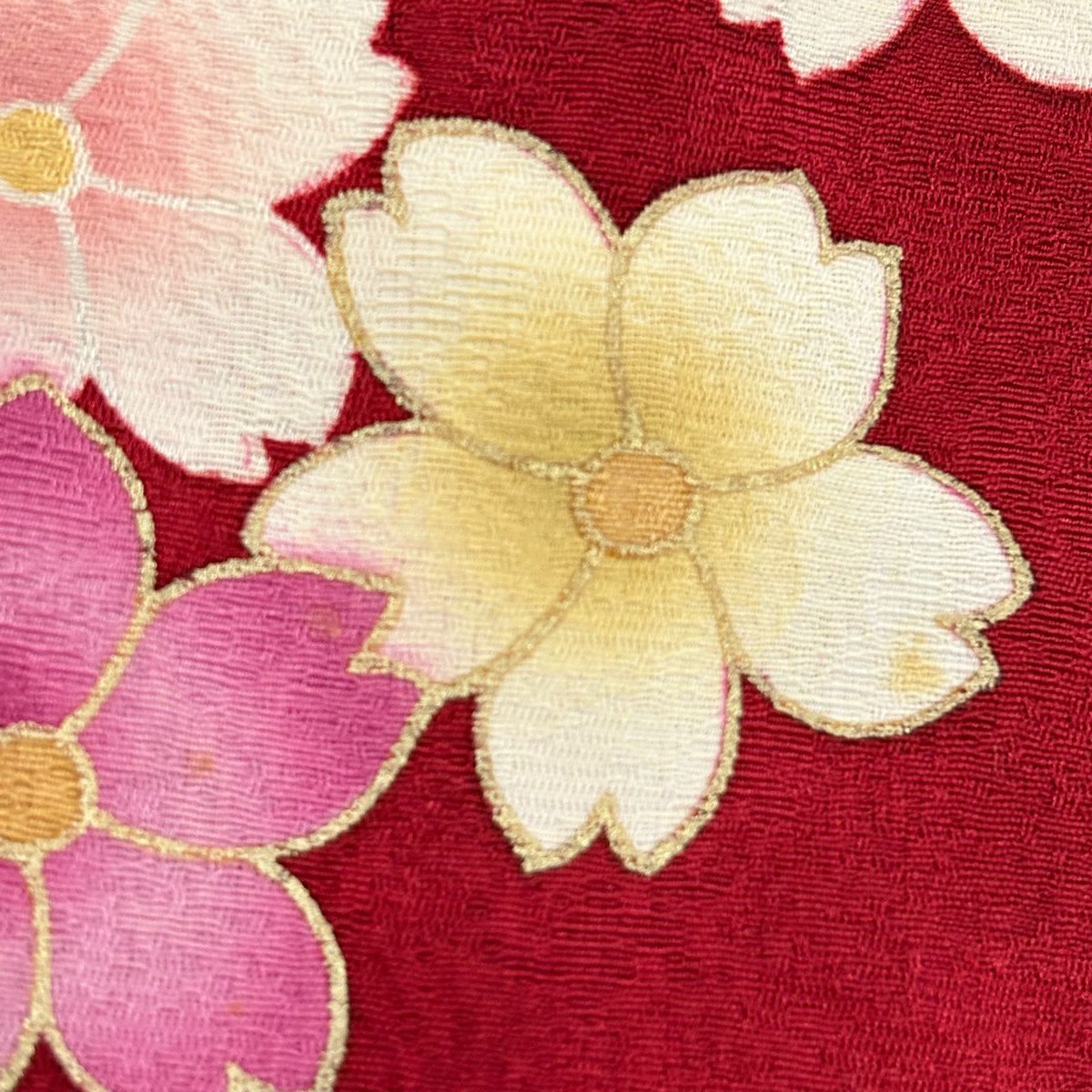 振袖禮服 身長160cm 袖長68cm L 雙層 手鞠 櫻花 金絲 金金箔 紅 純蠶絲 名品級