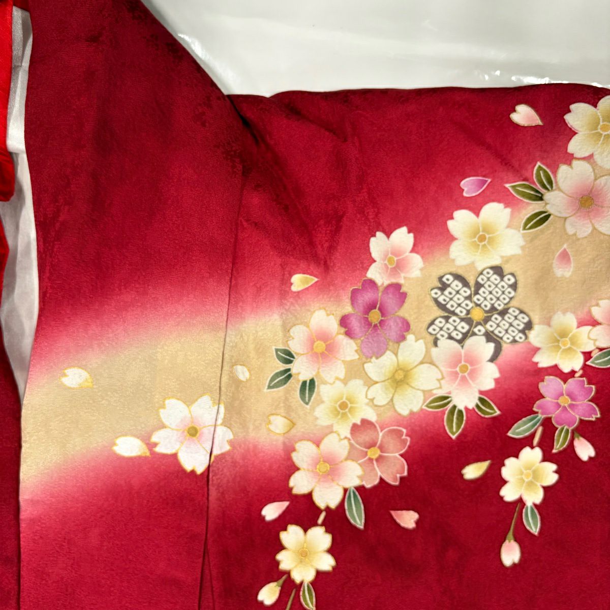 振袖禮服 身長160cm 袖長68cm L 雙層 手鞠 櫻花 金絲 金金箔 紅 純蠶絲 名品級