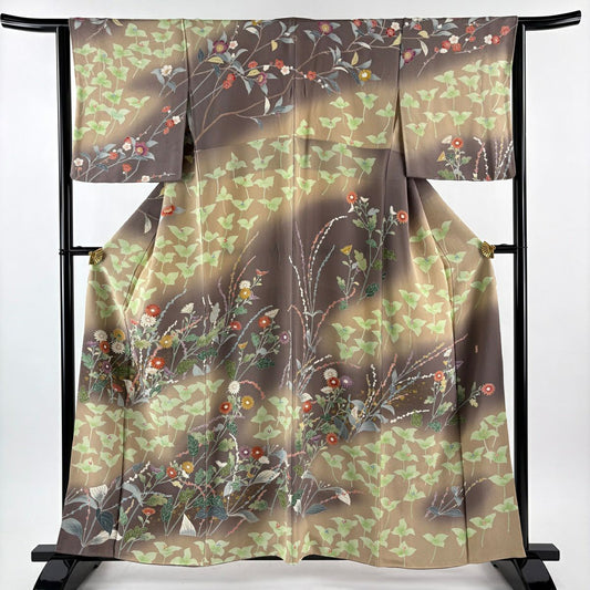 訪問服 身長158cm 袖長63cm S 雙層 落款 草花紋紋 菊花 金銀彩 漸層 茶紫 純蠶絲 名品級 一つ紋