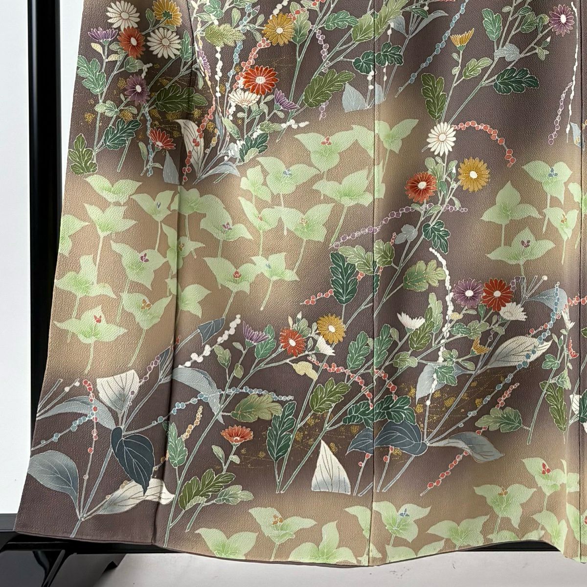 訪問服 身長158cm 袖長63cm S 雙層 落款 草花紋紋 菊花 金銀彩 漸層 茶紫 純蠶絲 名品級 一つ紋