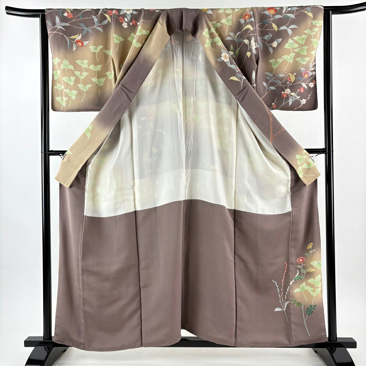 訪問服 身長158cm 袖長63cm S 雙層 落款 草花紋紋 菊花 金銀彩 漸層 茶紫 純蠶絲 名品級 一つ紋