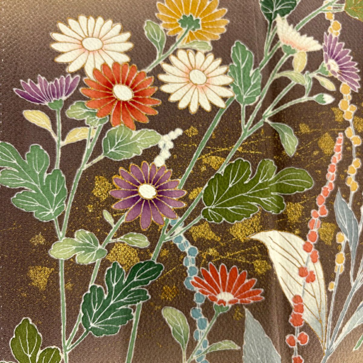 訪問服 身長158cm 袖長63cm S 雙層 落款 草花紋紋 菊花 金銀彩 漸層 茶紫 純蠶絲 名品級 一つ紋