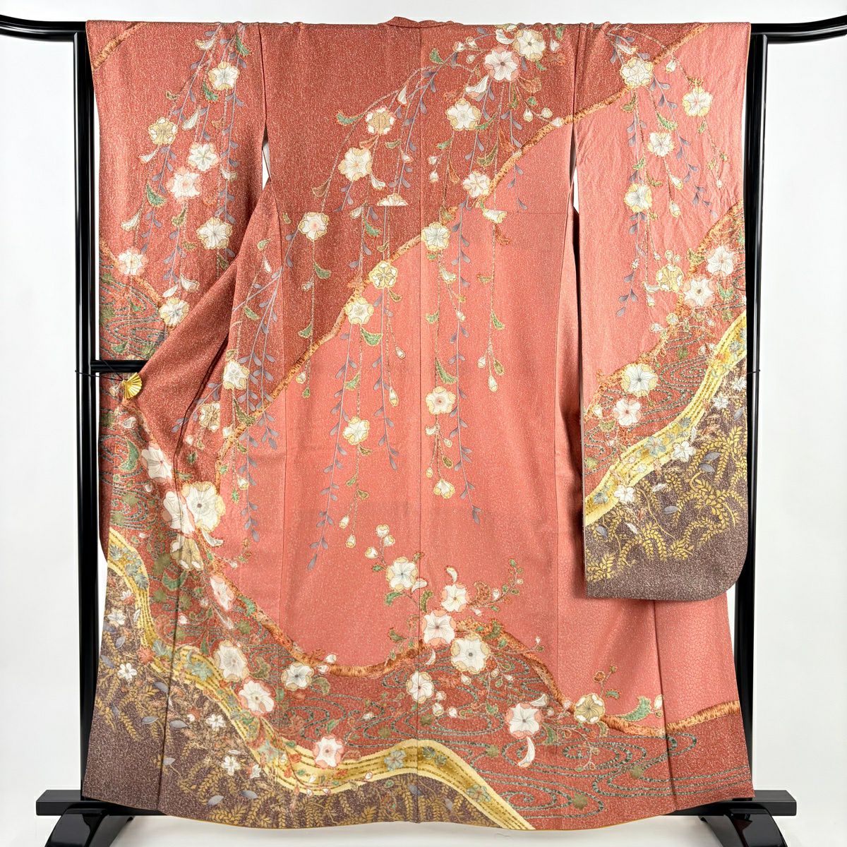 【美品】振袖禮服 身長160cm 袖長63.5cm S 雙層 草花紋紋 流水 銀通 金銀彩 茜 純蠶絲 名品級