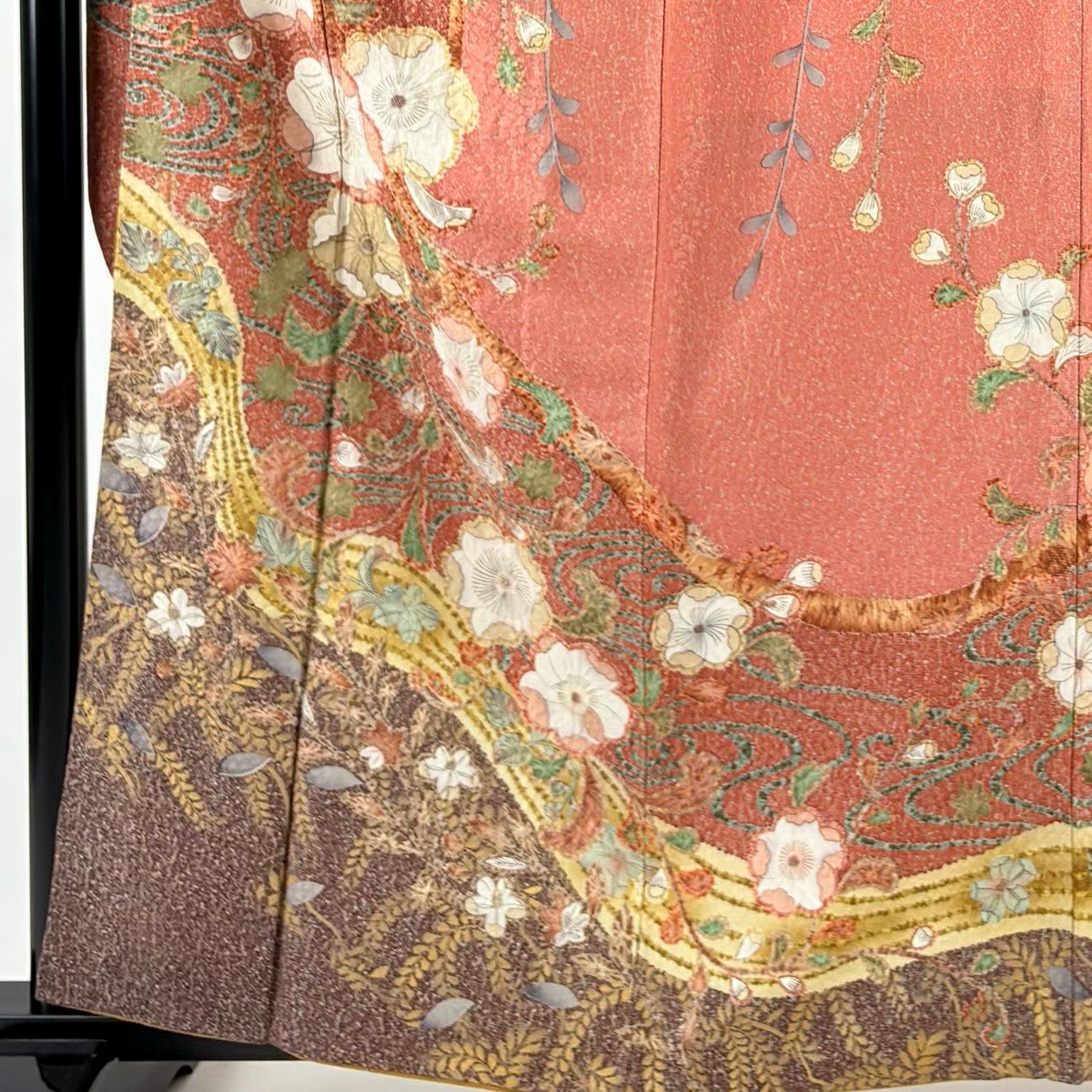 【美品】振袖禮服 身長160cm 袖長63.5cm S 雙層 草花紋紋 流水 銀通 金銀彩 茜 純蠶絲 名品級