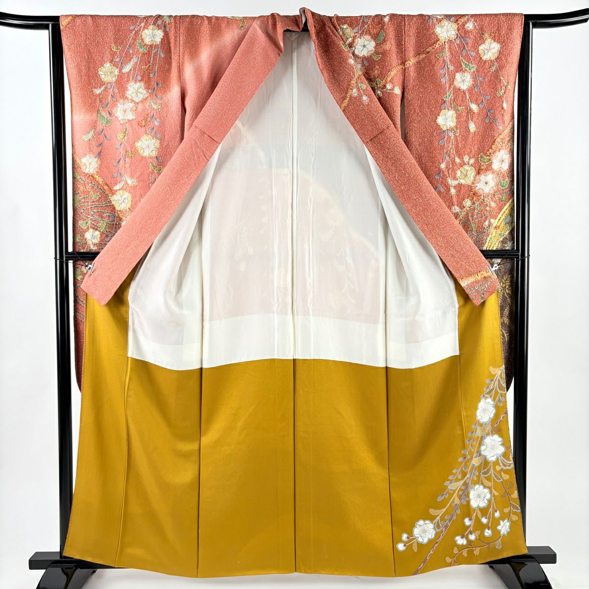 【美品】振袖禮服 身長160cm 袖長63.5cm S 雙層 草花紋紋 流水 銀通 金銀彩 茜 純蠶絲 名品級
