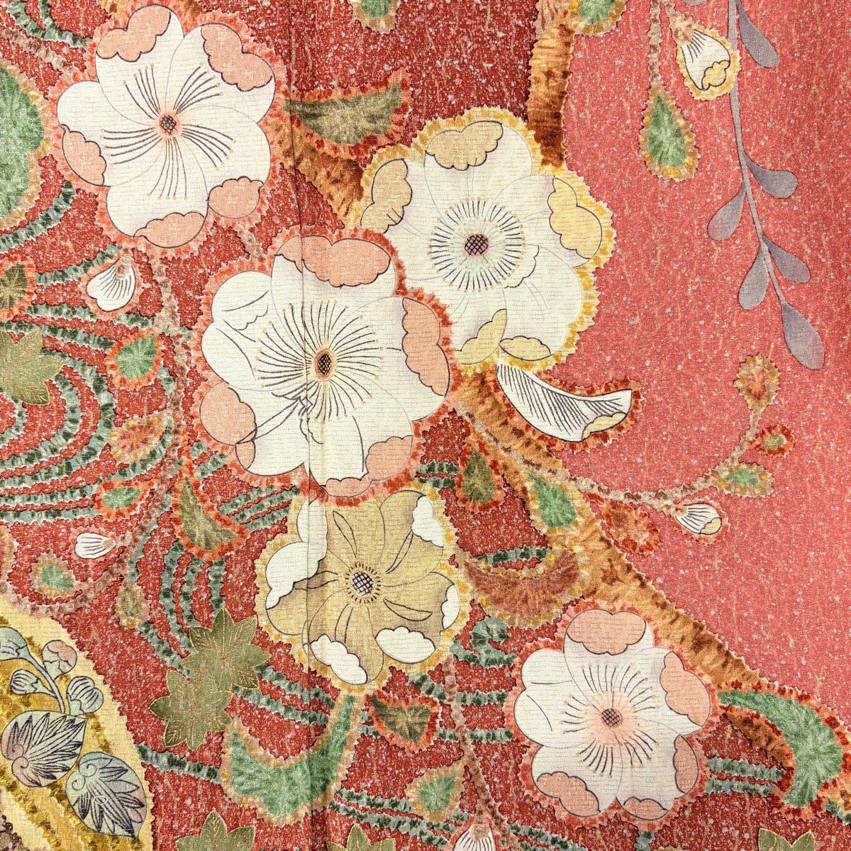【美品】振袖禮服 身長160cm 袖長63.5cm S 雙層 草花紋紋 流水 銀通 金銀彩 茜 純蠶絲 名品級