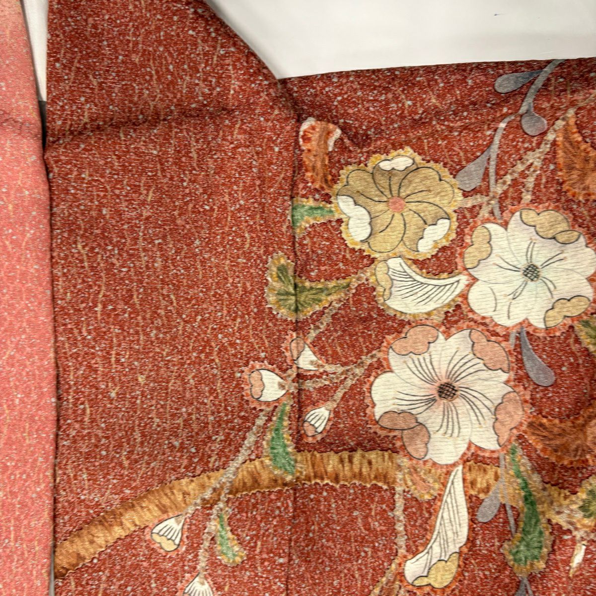 【美品】振袖禮服 身長160cm 袖長63.5cm S 雙層 草花紋紋 流水 銀通 金銀彩 茜 純蠶絲 名品級