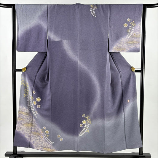 【美品】訪問服 身長153cm 袖長64cm M 雙層 草花紋紋 金絲 金銀彩 紫 純蠶絲 名品級