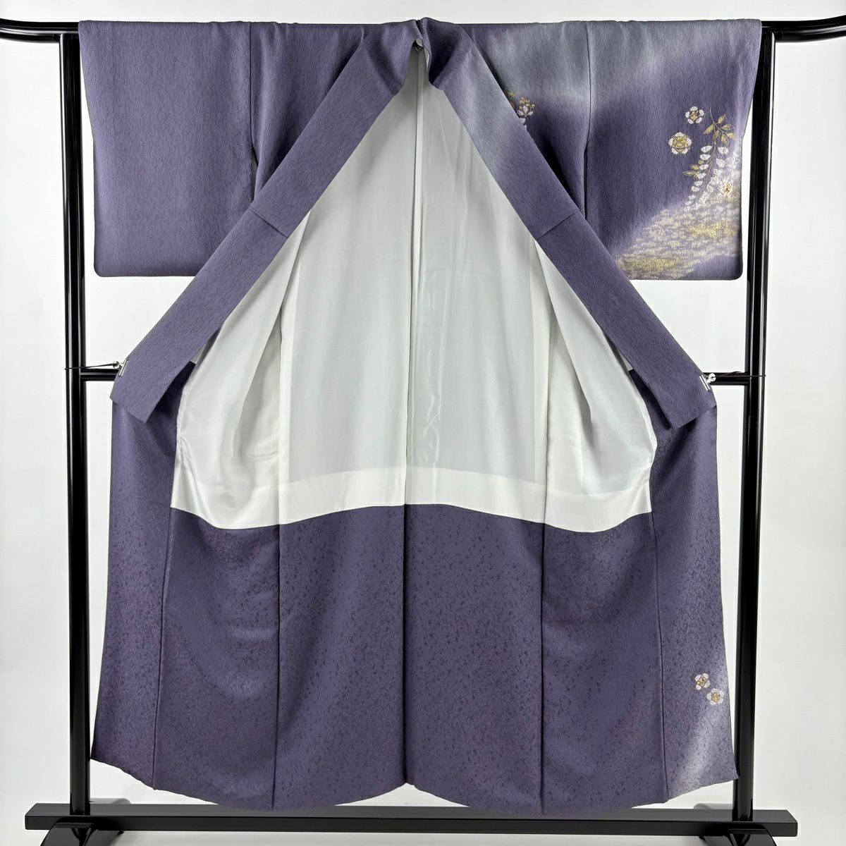 【美品】訪問服 身長153cm 袖長64cm M 雙層 草花紋紋 金絲 金銀彩 紫 純蠶絲 名品級