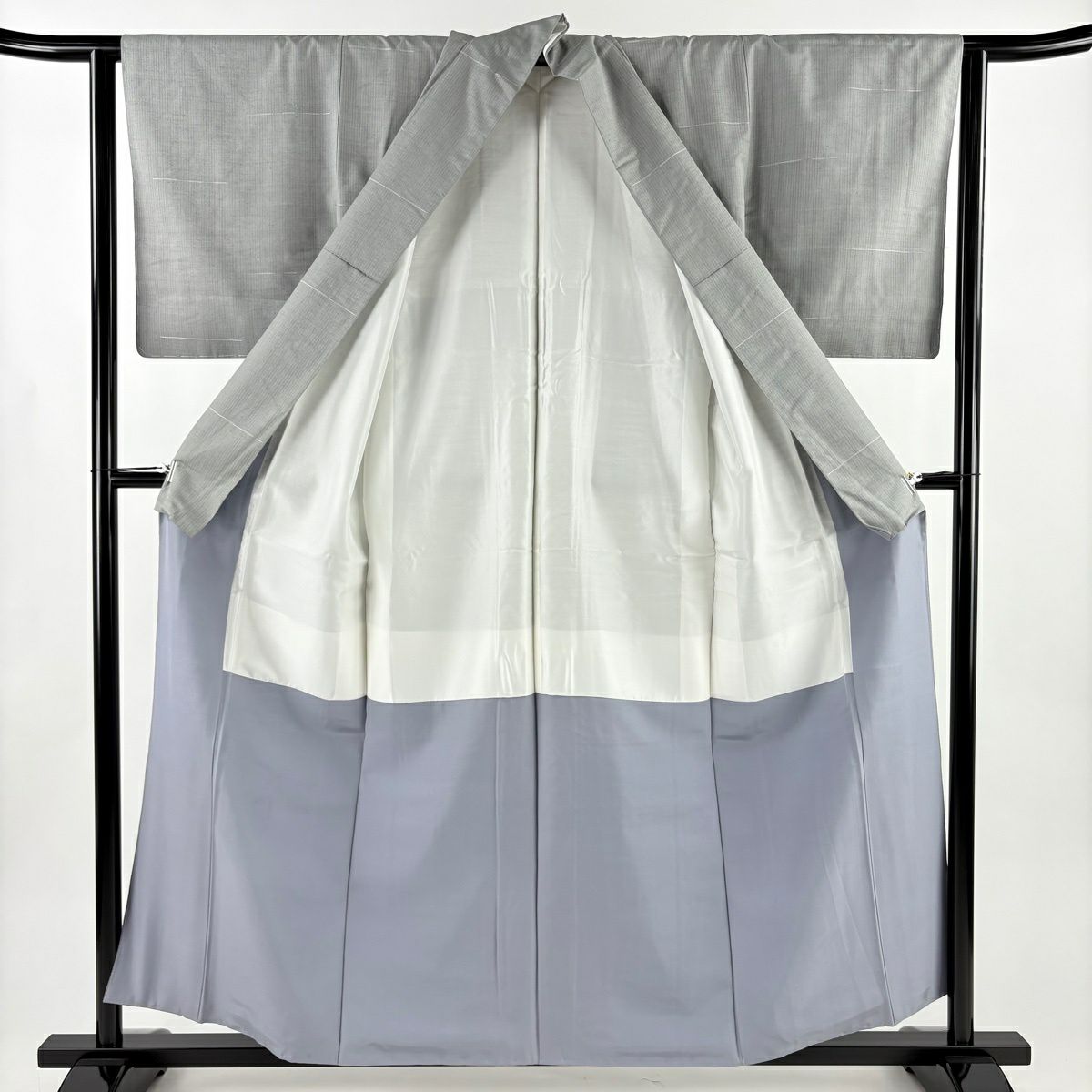 【美品】 小紋 身長156.5cm 袖長63cm S 雙層 紬織織 縞 灰色 純蠶絲 名品級
