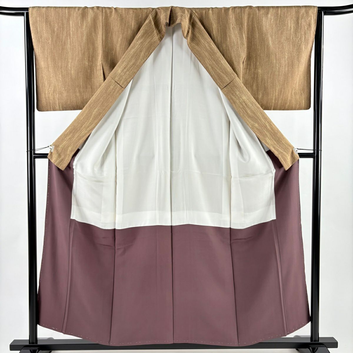 【美品】 小紋 身長155.5cm 袖長64cm M 雙層 幾何學 紅茶 純蠶絲 名品級