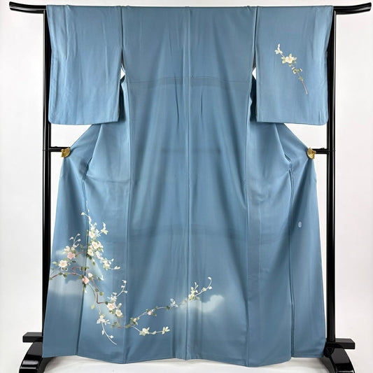 付下 身長166.5cm 袖長66cm M 雙層 南克治 落款あり 枝花 漸層 水藍 純蠶絲 名品級