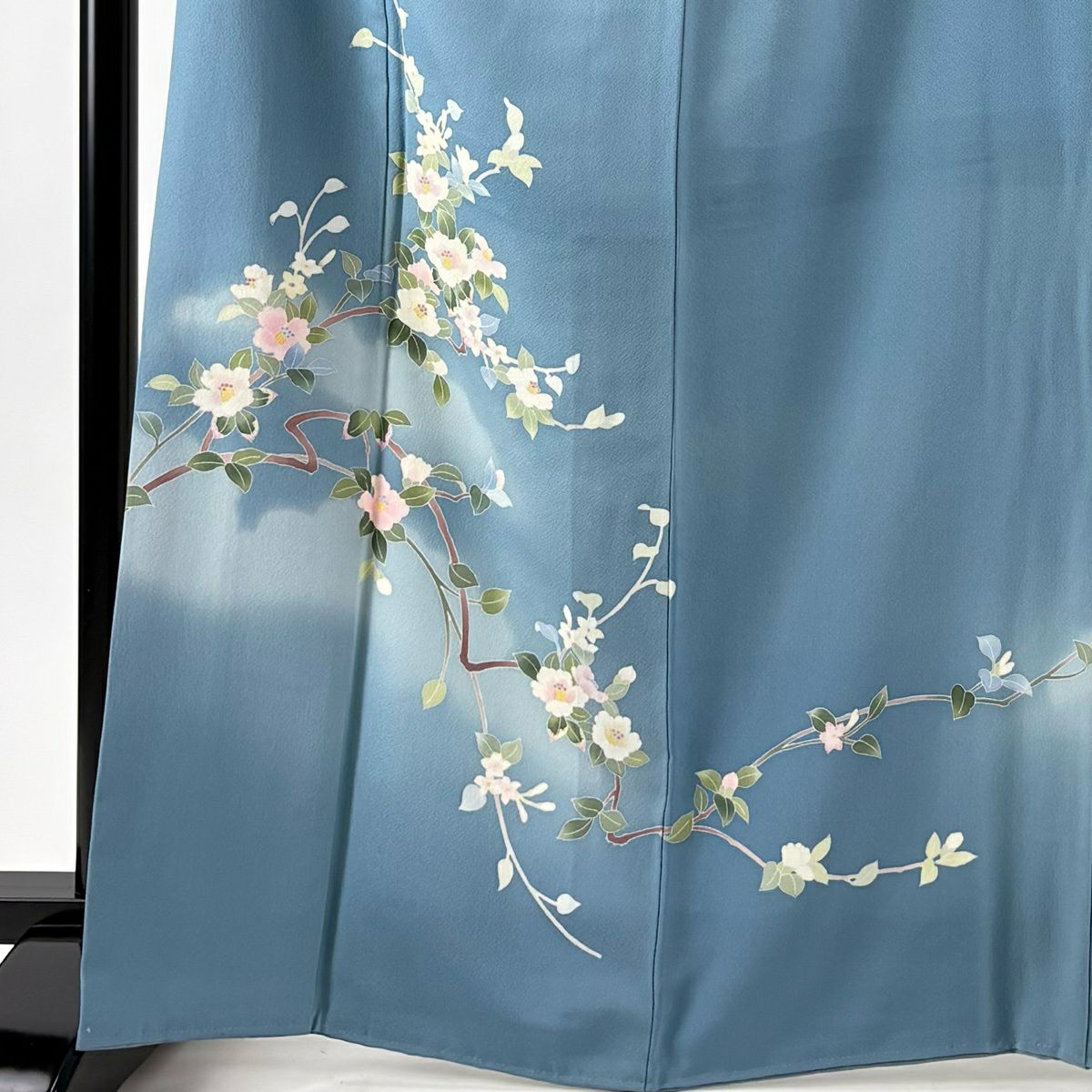 付下 身長166.5cm 袖長66cm M 雙層 南克治 落款あり 枝花 漸層 水藍 純蠶絲 名品級