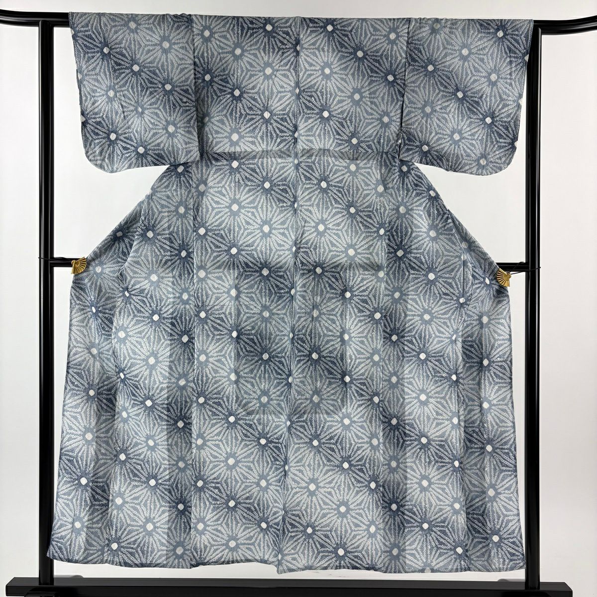 【美品】 浴衣 身長152cm 袖長60.5cm S 絞染浴衣 麻葉紋 漸層 青灰 棉 名品級