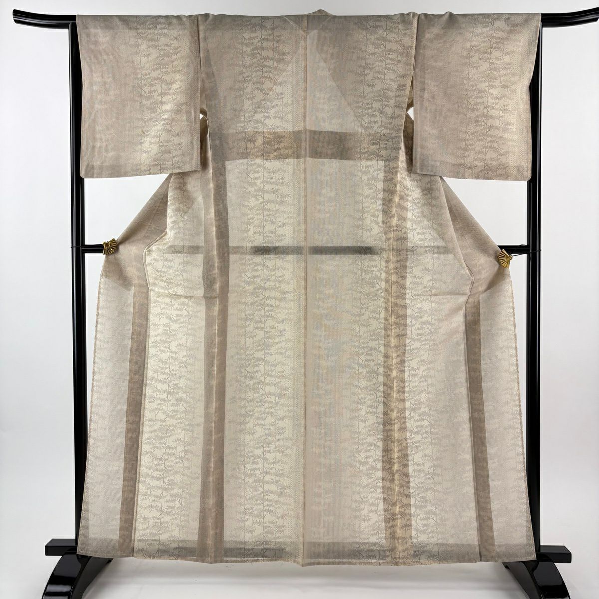 【美品】 紬織 身長162cm 袖長65.5cm M 薄物 夏紬織 樹木 米色 純蠶絲 名品級