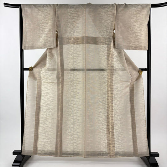 【美品】 紬織 身長162cm 袖長65.5cm M 薄物 夏紬織 樹木 米色 純蠶絲 名品級