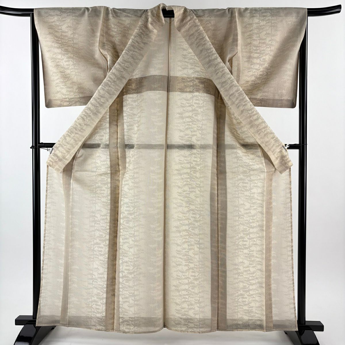 【美品】 紬織 身長162cm 袖長65.5cm M 薄物 夏紬織 樹木 米色 純蠶絲 名品級
