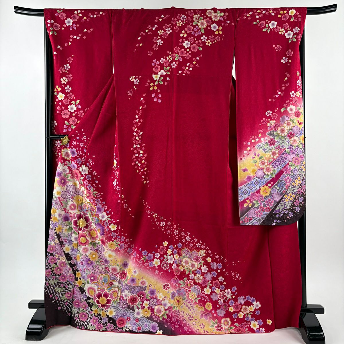 【美品】振袖禮服 身長168cm 袖長68cm L 雙層 櫻花 熨斗紋 金銀彩 漸層 深粉 純蠶絲 名品級