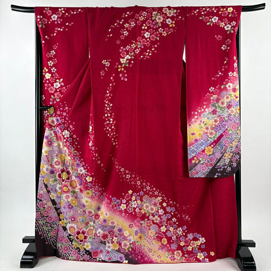 【美品】振袖禮服 身長168cm 袖長68cm L 雙層 櫻花 熨斗紋 金銀彩 漸層 深粉 純蠶絲 名品級