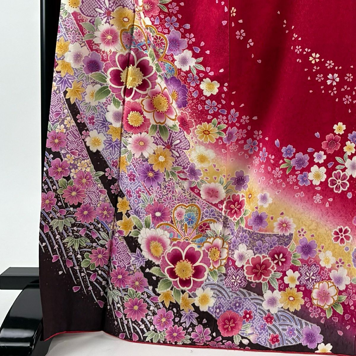 【美品】振袖禮服 身長168cm 袖長68cm L 雙層 櫻花 熨斗紋 金銀彩 漸層 深粉 純蠶絲 名品級