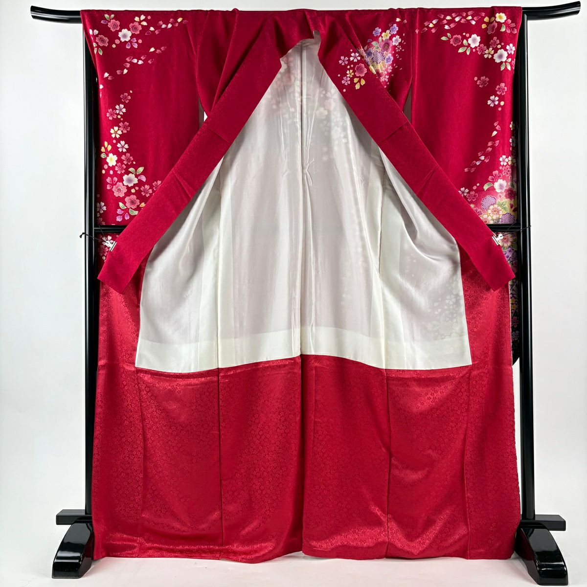 【美品】振袖禮服 身長168cm 袖長68cm L 雙層 櫻花 熨斗紋 金銀彩 漸層 深粉 純蠶絲 名品級