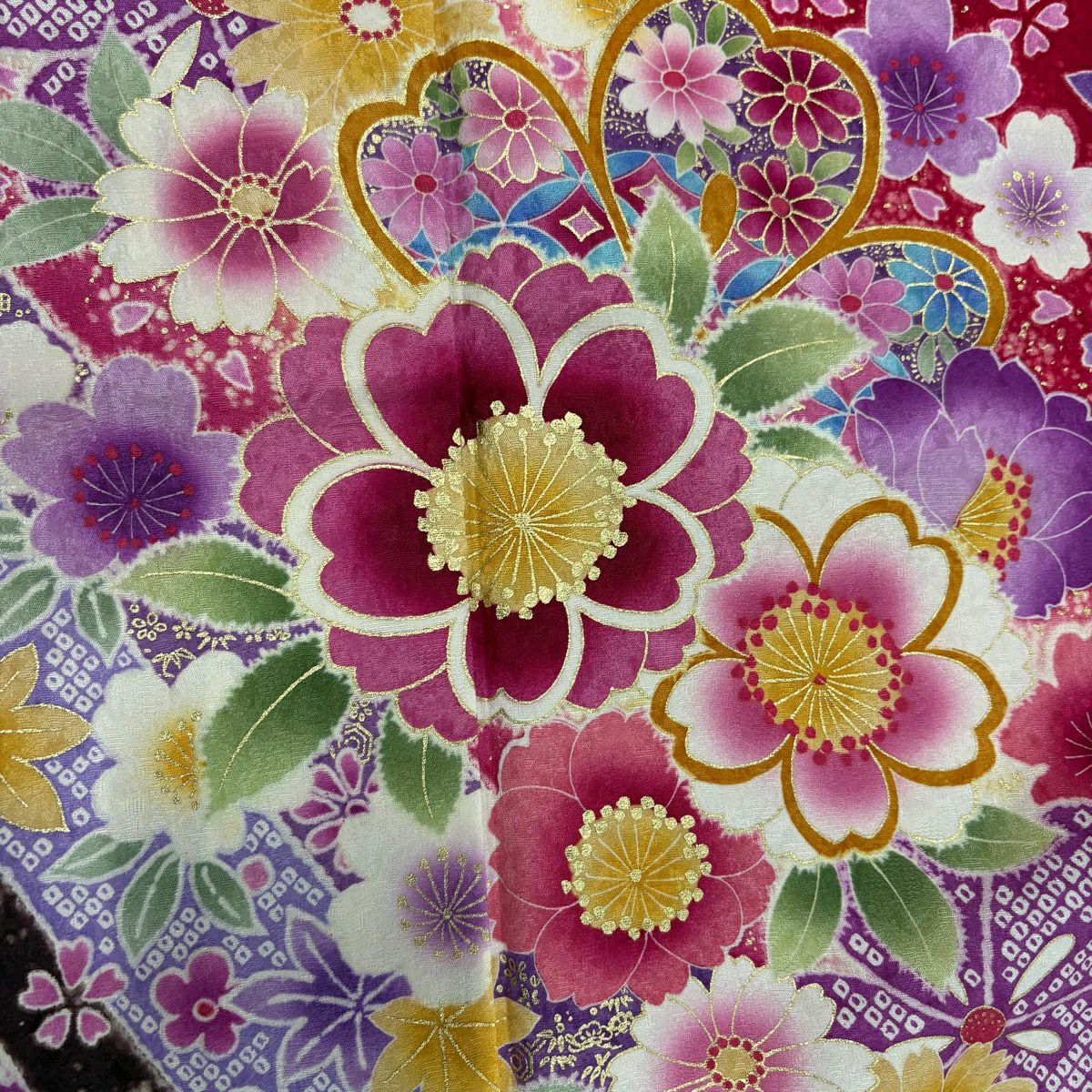 【美品】振袖禮服 身長168cm 袖長68cm L 雙層 櫻花 熨斗紋 金銀彩 漸層 深粉 純蠶絲 名品級
