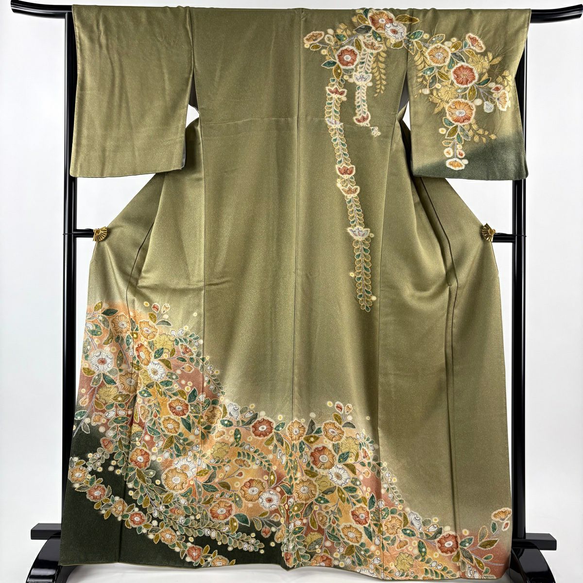 訪問服 身長167.5cm 袖長67cm M 雙層 辻花染 金彩裝飾 絞染 鶯 經典純蠶絲