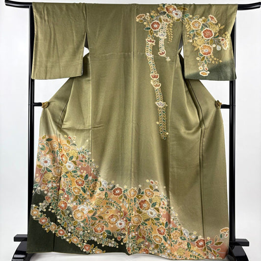 訪問服 身長167.5cm 袖長67cm M 雙層 辻花染 金彩裝飾 絞染 鶯 經典純蠶絲