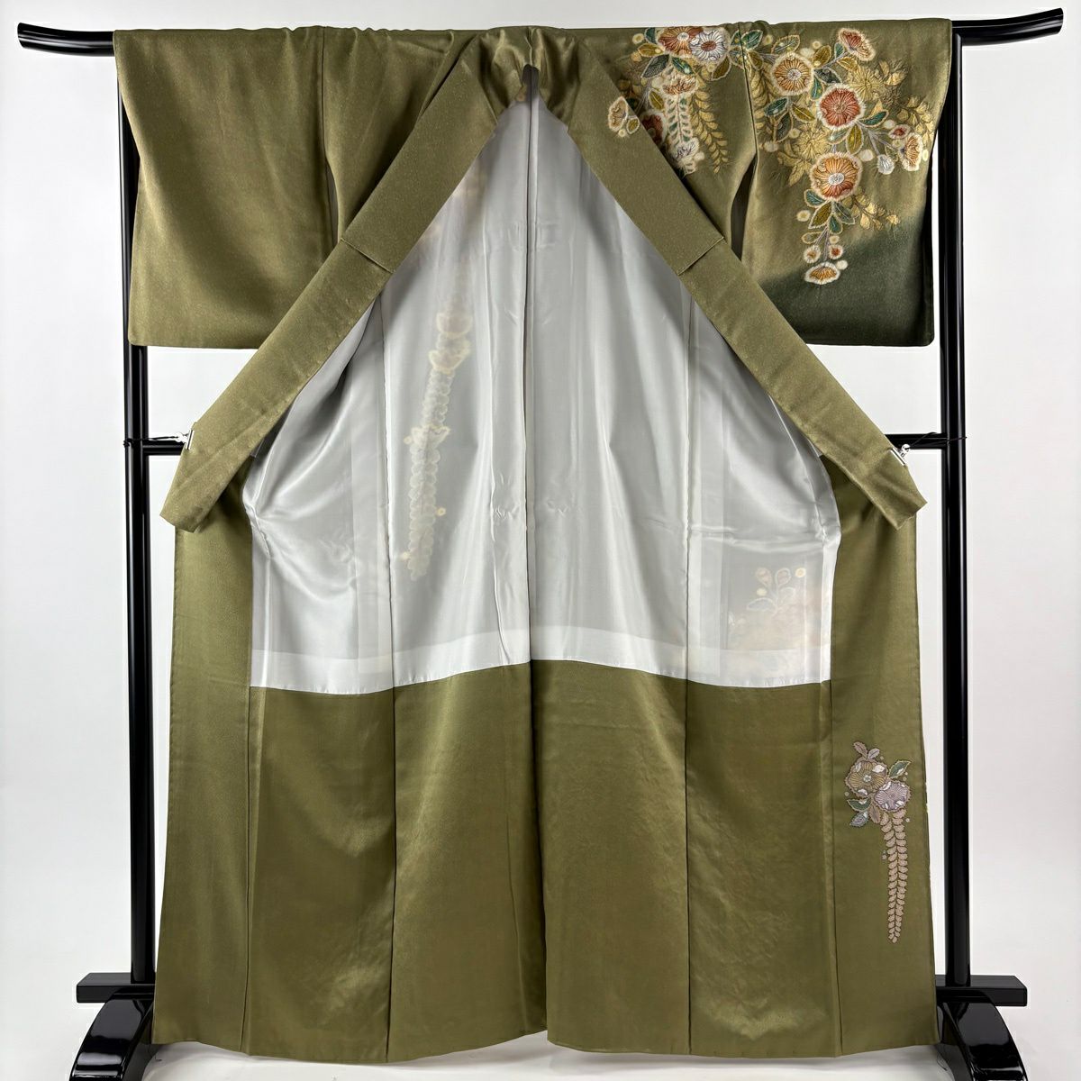 訪問服 身長167.5cm 袖長67cm M 雙層 辻花染 金彩裝飾 絞染 鶯 經典純蠶絲