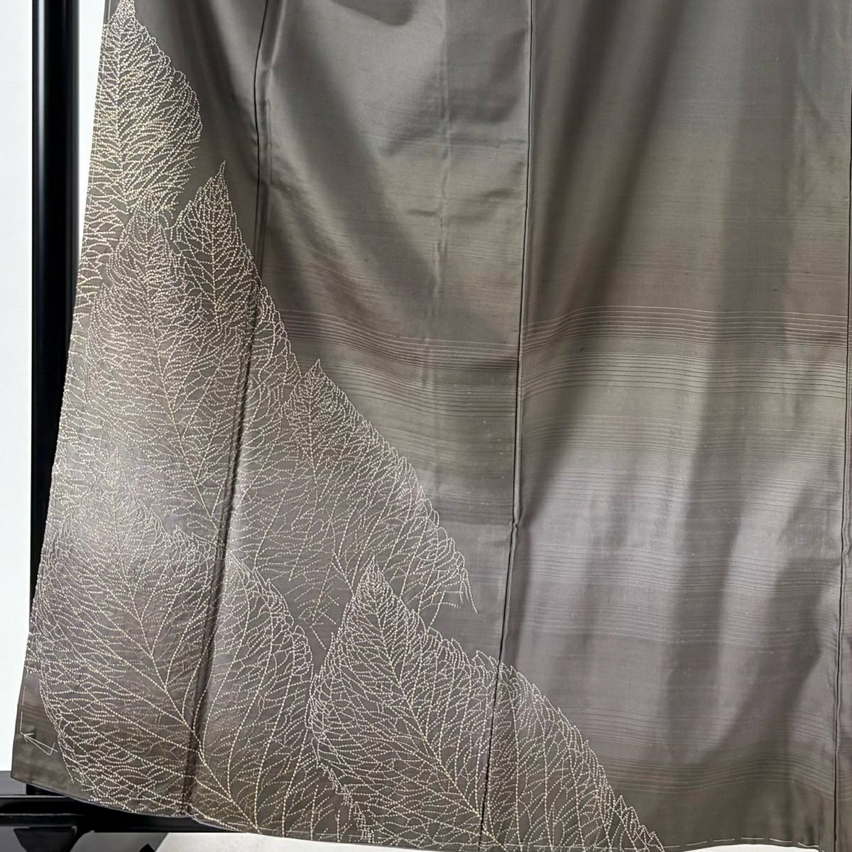 付下 身長161cm 袖長64cm M 雙層 紬織織 葉紋 刺繡 漸層 灰色 純蠶絲 名品級