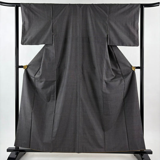 【美品】 大島紬織 身長159.5cm 袖長62.5cm S 雙層 證書附帶 幾何圖案 黑灰 純蠶絲 名品級