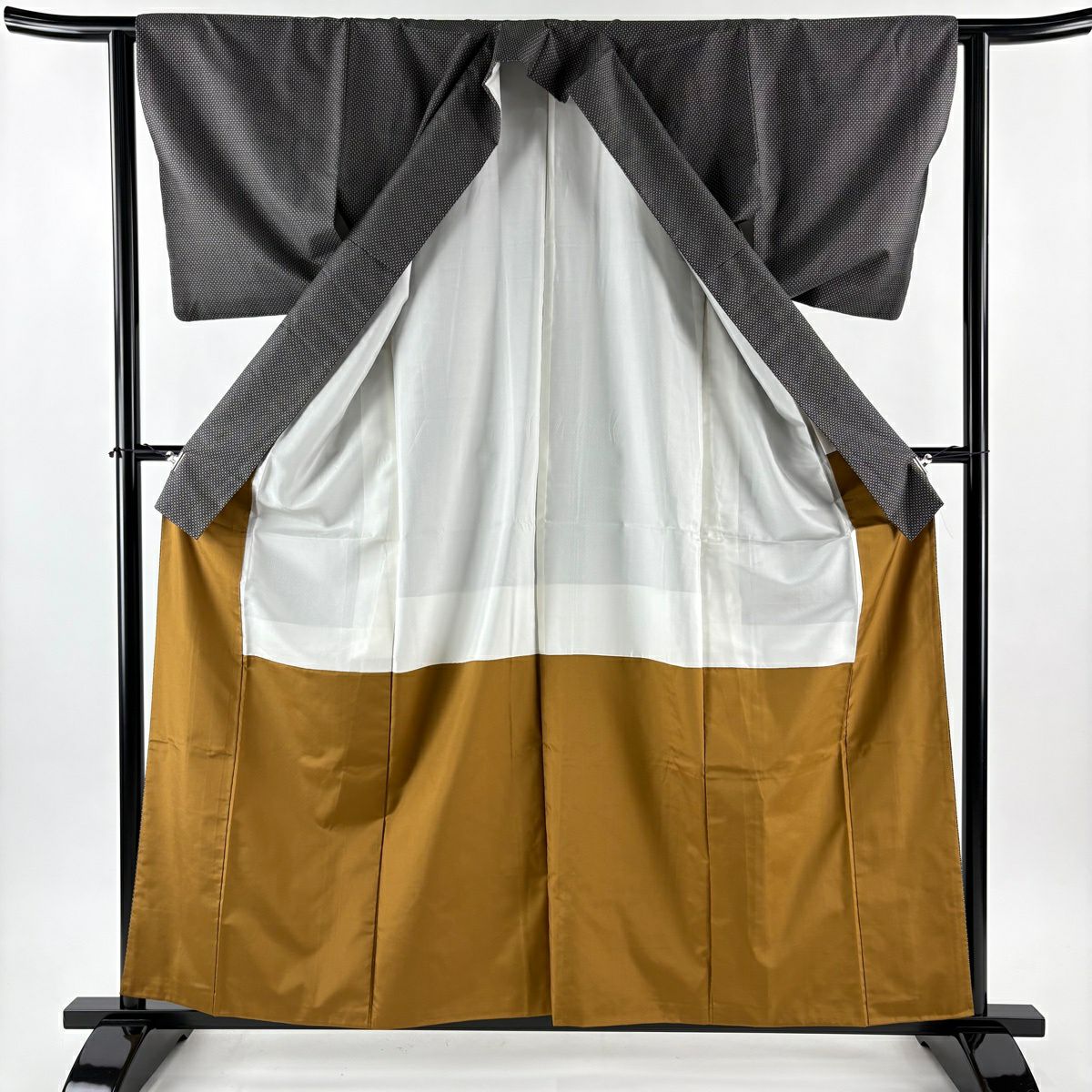 【美品】 大島紬織 身長159.5cm 袖長62.5cm S 雙層 證書附帶 幾何圖案 黑灰 純蠶絲 名品級