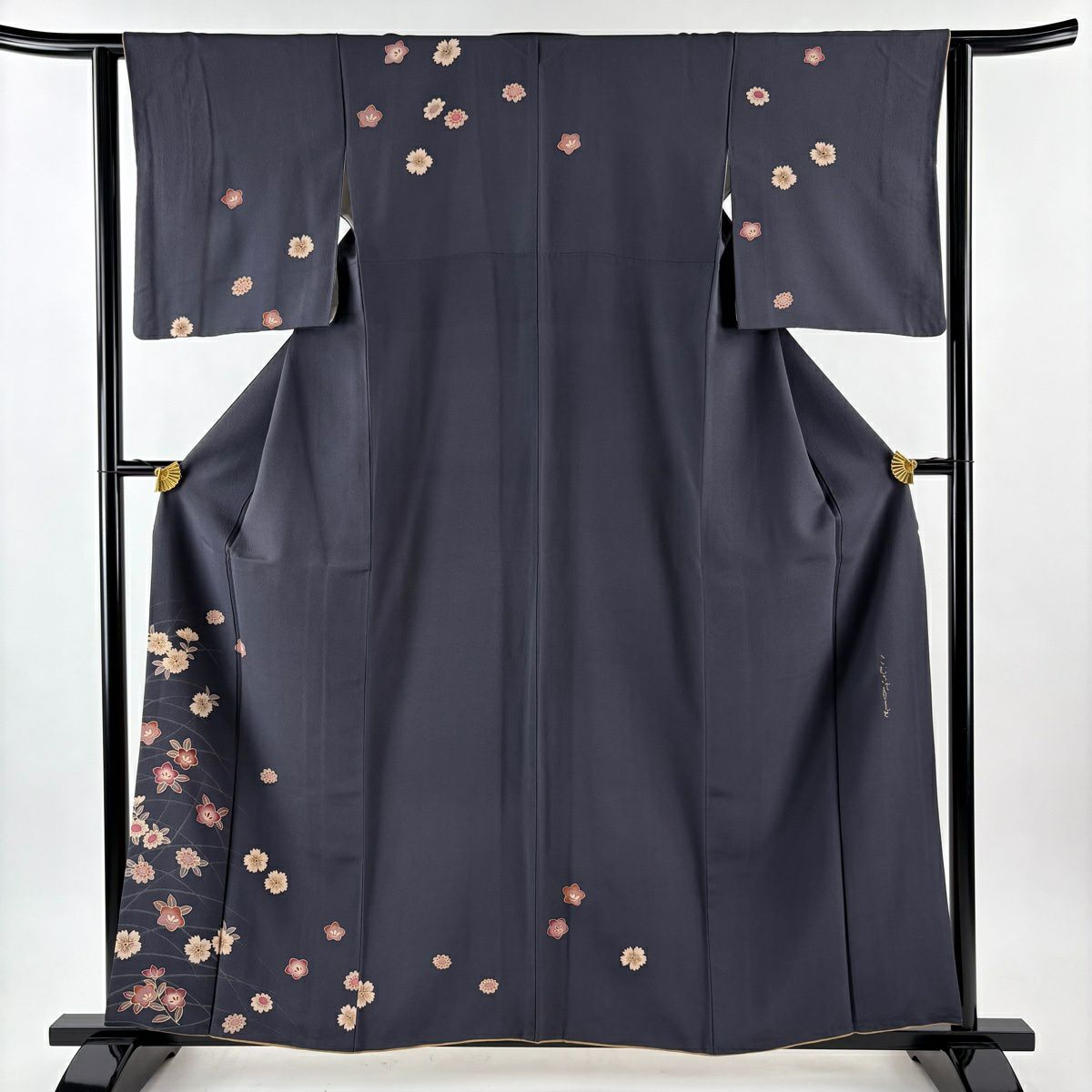 【美品】 付下 身長158.5cm 袖長63cm S 雙層 こむさでもーど 有落款 櫻花 桔梗 黑灰 純蠶絲 名品級