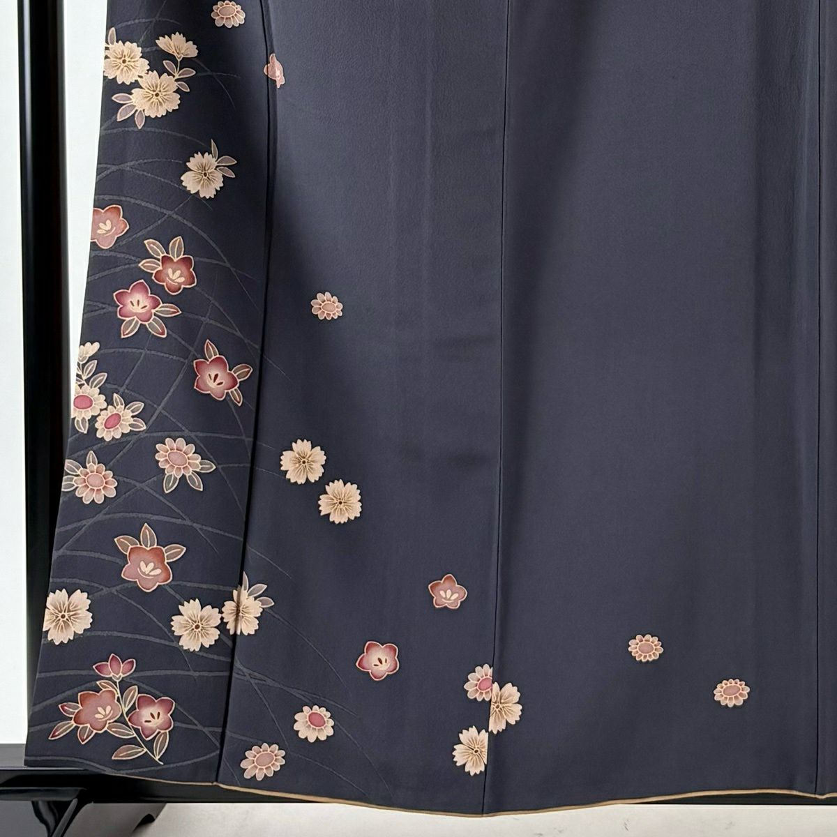【美品】 付下 身長158.5cm 袖長63cm S 雙層 こむさでもーど 有落款 櫻花 桔梗 黑灰 純蠶絲 名品級