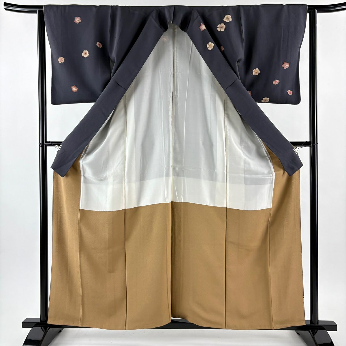 【美品】 付下 身長158.5cm 袖長63cm S 雙層 こむさでもーど 有落款 櫻花 桔梗 黑灰 純蠶絲 名品級