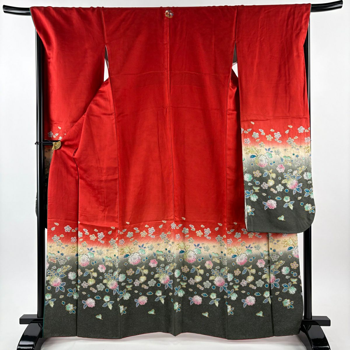 【美品】振袖禮服 身長164.5cm 袖長69cm L 雙層 鈴乃屋 草花紋紋 銀通し 漸層 紅 純蠶絲 名品級 三つ紋