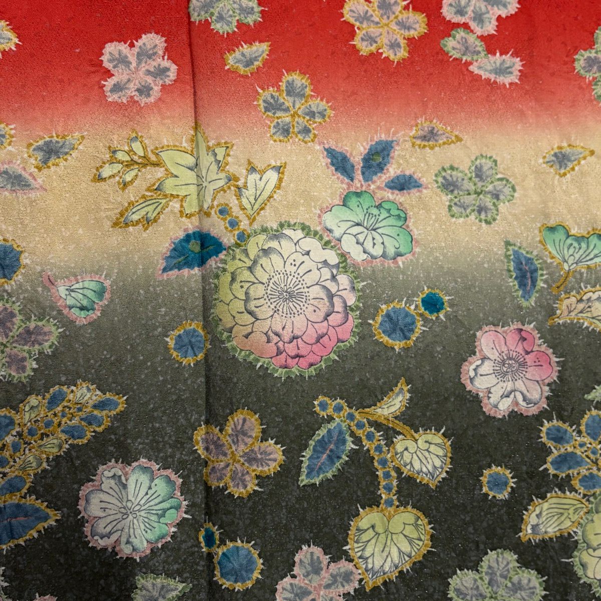 【美品】振袖禮服 身長164.5cm 袖長69cm L 雙層 鈴乃屋 草花紋紋 銀通し 漸層 紅 純蠶絲 名品級 三つ紋