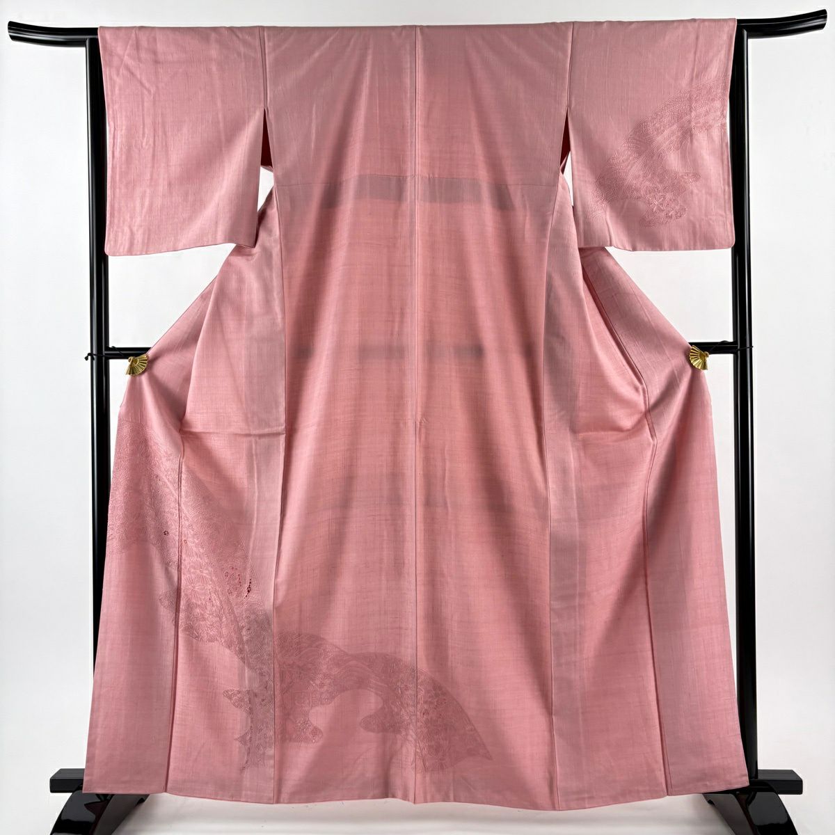 【美品】 付下 身長162cm 袖長64cm M 單層 紬織織 菊花花 霞刺繡 粉紅 純蠶絲 名品級