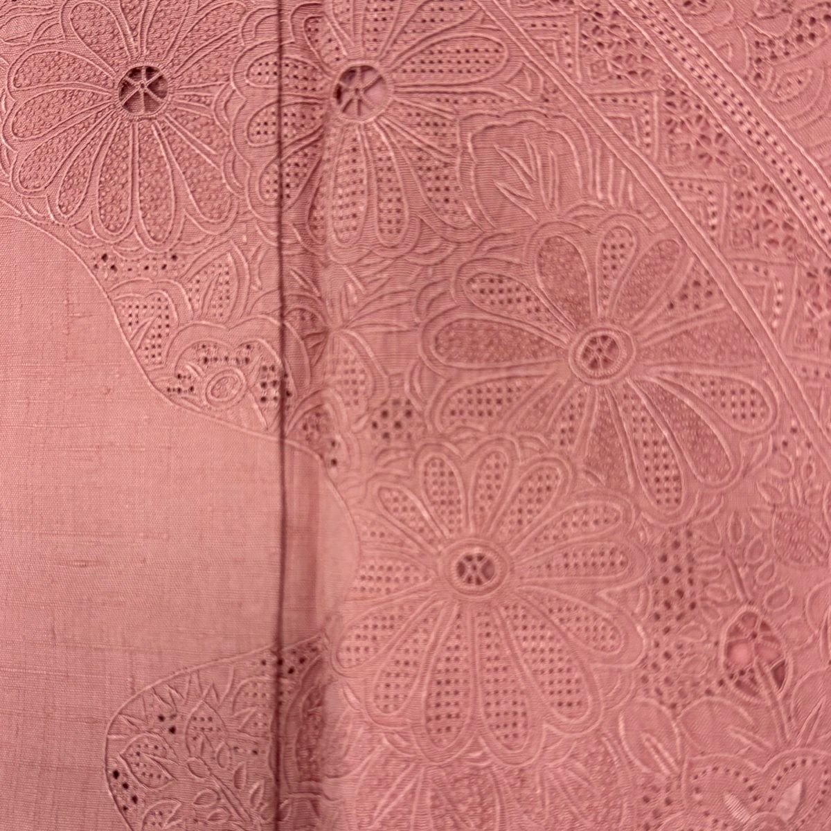【美品】 付下 身長162cm 袖長64cm M 單層 紬織織 菊花花 霞刺繡 粉紅 純蠶絲 名品級
