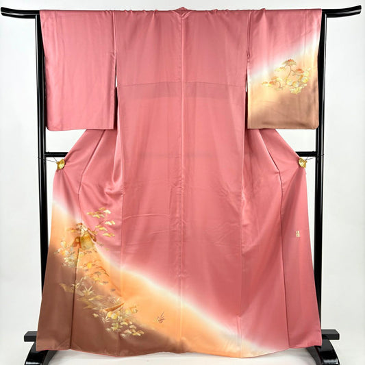 付下 身長165cm 袖長66.5cm M 雙層 和田光正 落款 草花紋紋 舟 金銀彩 漸層 粉紅 純蠶絲 名品級