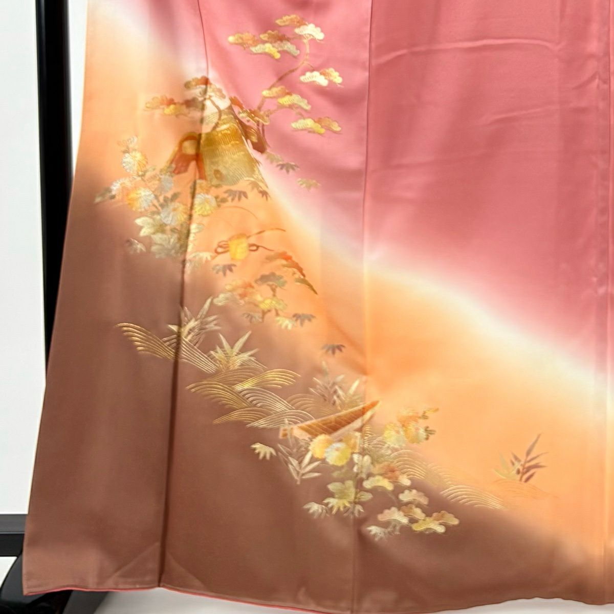 付下 身長165cm 袖長66.5cm M 雙層 和田光正 落款 草花紋紋 舟 金銀彩 漸層 粉紅 純蠶絲 名品級